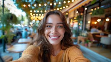 ai généré femme dans Jaune chapeau et écharpe photo