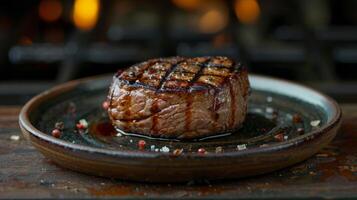 ai généré juteux steak sur assiette avec fourchette photo