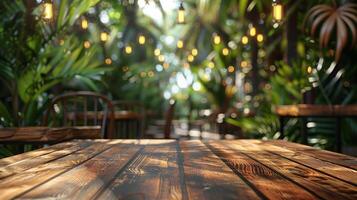 ai généré en bois table avec chaises et lumières dans Contexte photo