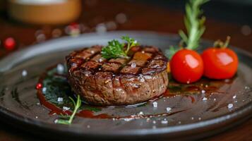 ai généré juteux steak sur assiette avec fourchette photo