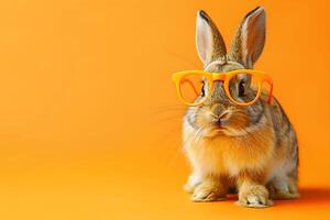 ai généré un adorable lapin portant accrocheur Orange lunettes, capturé contre une lumière Orange toile de fond photo