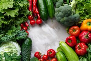 ai généré en bonne santé nourriture circulaire arrangement de coloré des légumes photo