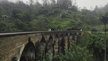 magnifique paysage avec couple en marchant sur pont dans jungle. action. fabuleux couple des promenades sur pierre pont dans jungle. pittoresque tropical paysage avec pont et couple dans l'amour dans jungle photo