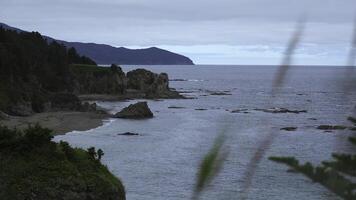 magnifique rocheux côte avec verdure dans nuageux temps. agrafe. Haut vue de pittoresque paysage de du sud mer côte avec rochers. vert rocheux côte sur nuageux journée photo