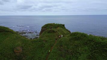 Haut vue de touristes sur rocheux côte Piste avec vert herbe. agrafe. magnifique paysage de rocheux côte avec vert herbe et touristes sur randonnée. touristes balade sur bord de rocheux côte surplombant mer sur photo