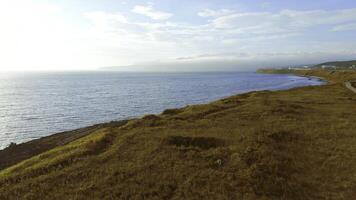 magnifique côte avec route et mer horizon sur ensoleillé journée. agrafe. Haut vue de paysage marin de côte sur ensoleillé été journée. route à côte avec vue de ensoleillé mer horizon photo