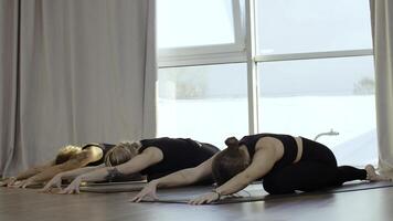 Jeune en forme femmes Faire élongation des exercices tandis que mensonge sur yoga tapis dans aptitude studio. médias. concept de actif mode de vie et corps se soucier. photo