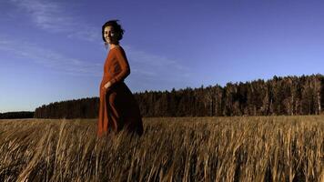 Jeune femme modèle dans écarlate robe écoulement dans le vent. Stock agrafe. brunette femme avec frisé cheveux dans remplir avec forêt et bleu ciel sur le Contexte. photo