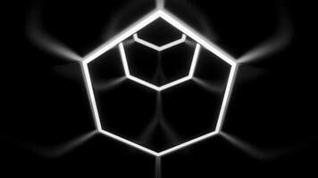 abstrait monochrome hexagone formes création effet de une tunnel. conception. en volant par néon cadres. photo