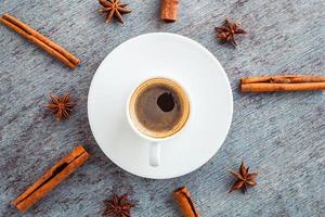 une tasse de café sur une assiette et des pousses de cannelle et d'anis étalées autour d'un bâton photo