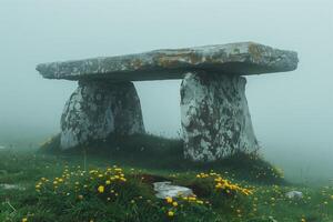 ai généré ancien mégalithique dolmen sur une Matin épais brouillard photo