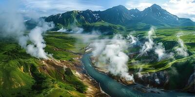 ai généré aérien vue de volcanique vallée avec geysers et thermique ruisseaux photo