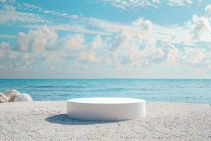 ai généré produit podium afficher avec magnifique le sable plage lumière du jour temps pour publicité ai généré photo
