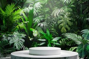 ai généré circulaire produit podium présentation avec jungle tropical les plantes Contexte photo