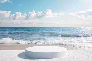 ai généré produit podium afficher avec magnifique le sable plage lumière du jour temps pour publicité ai généré photo