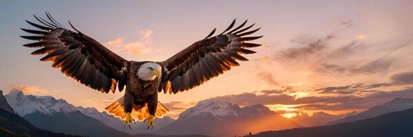 ai généré Aigle en volant plus de le montagnes à le coucher du soleil photo