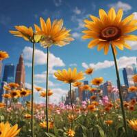 ai généré proche en haut de tournesol Nouveau york ville ciel génératif ai photo