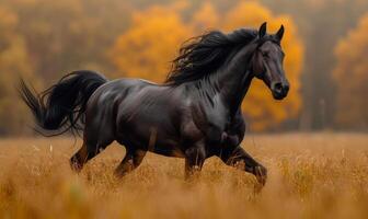 ai généré noir frison cheval court galop sur le des arbres Contexte dans l'automne photo