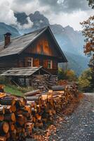 ai généré en bois maison dans le montagnes. une magnifique photo de un vieux bois maison avec empilés bois de chauffage