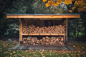 ai généré bois cabanon est rempli avec bois et feuilles sont chute de le des arbres. photo