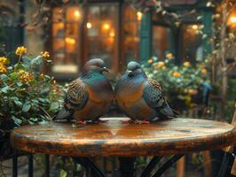 ai généré deux pigeons séance sur table dans café photo