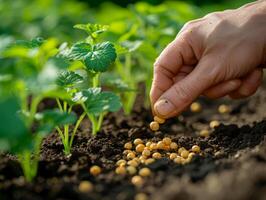 ai généré femme main plantation soja dans le légume jardin photo