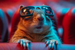 ai généré marrant écureuil avec des lunettes montres film. une tamia dans le cinéma en train de regarder une film photo
