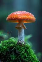 ai généré amanite muscaria est toxique champignon avec rouge chapeau dans le forêt photo