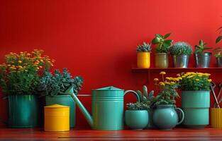 ai généré une maison les plantes et arrosage canettes sur rouge Contexte photo