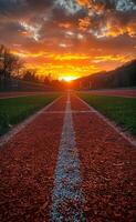 ai généré Piste et champ à le coucher du soleil. une le coucher du soleil sur une Piste à nittany les Lions Football stade photo