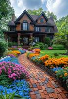ai généré brique passerelle les vents par coloré jardin de fleurs et grand maison. photo
