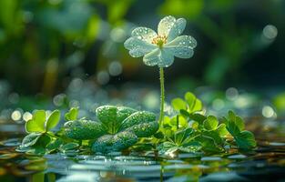 ai généré blanc bois oseille ou oxalis flottant dans le l'eau avec l'eau gouttelettes photo