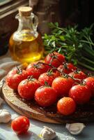 ai généré tomates et olive pétrole sur en bois planche photo