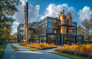 ai généré moderne distillerie dans le ville. un industriel avec grand tuyaux et les structures photo