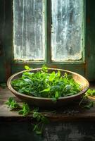 ai généré Frais vert basilic dans bol sur rustique en bois table et vieux fenêtre photo