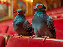 ai généré deux pigeons séance sur le rouge chaises et en train de regarder le spectacle photo