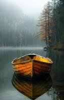 ai généré bateau sur Lac dans le forêt. une seul en bois bateau flottant sur l'eau photo