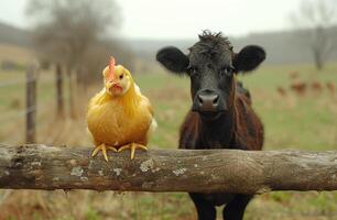 ai généré poulet et vache permanent sur clôture photo