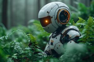 ai généré robot explorant le forêt. robot à la recherche à le vert germer photo