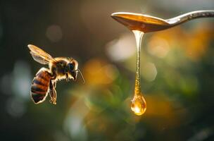 ai généré abeille est en volant à le mon chéri louche photo