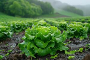 ai généré salade croissance dans champ. une champ où Frais romaine salade est croissance photo