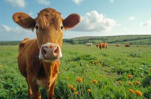 ai généré vaches pâturage dans champ. Jeune veau est à la recherche à le caméra dans vert pâturage photo