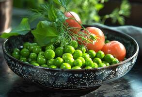 ai généré bol de pois et tomates. une Frais pois sont montré sur une noir assiette photo