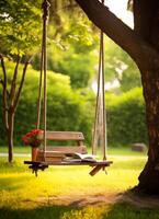 ai généré relaxant balançoire avec livre sur le herbe dans le parc photo