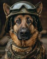 ai généré chien portant casque et militaire uniforme photo