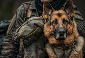 ai généré allemand berger chien est assis sur le épaule de soldat dans militaire uniforme photo