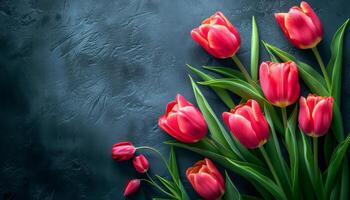 ai généré rouge tulipes sur foncé Contexte. une été décoration concep photo