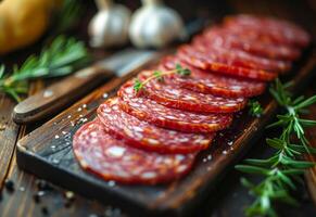 ai généré tranches de salami avec Romarin et Ail sur le en bois planche photo