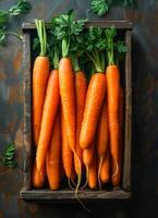 ai généré Frais carottes dans en bois boîte photo