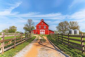 ai généré rouge Grange et clôture sur cultiver. une rouge Grange avec blanc réduire photo